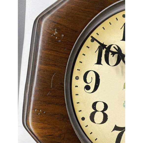 Vintage New England Clock Co Wood glass Wall Clock 20" flowers - Picture 6 of 16